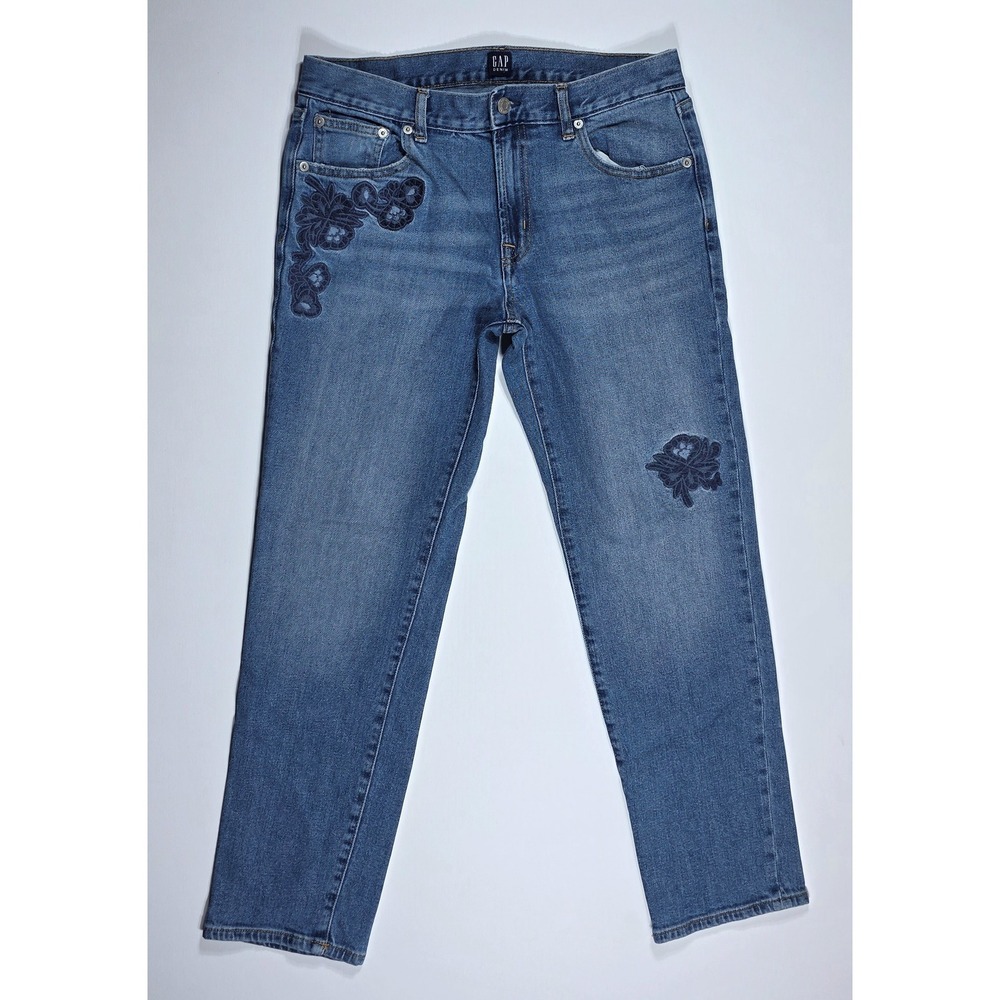 Gap Denim Girlfriend Jeans 27 Medium Wash Floral Embroidered Mid Rise Blue
